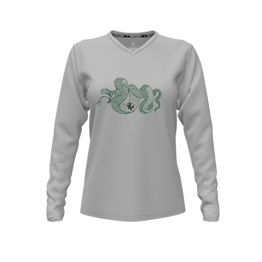 [CUS-DFW-TEES-PER-VNK-LSL-GRY-FYXS-LOGO2] Decker Performance T-Shirt (Female Youth XS, Gray, V Neck, Logo 2, Long Sleeve)