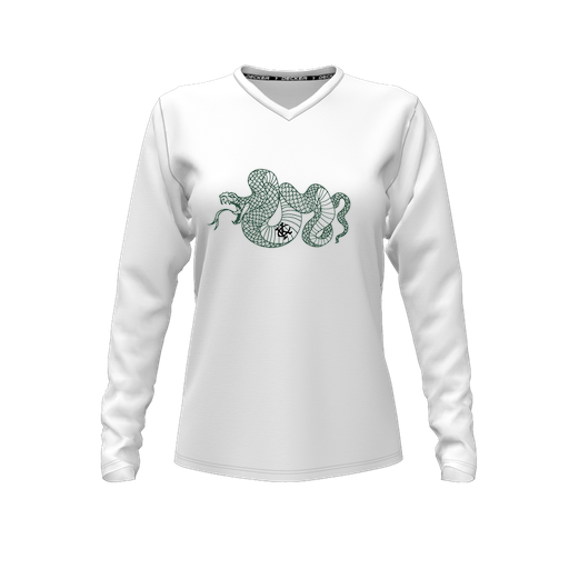 [CUS-DFW-TEES-CMF-VNK-LSL-WHT-FYXS-LOGO2] Decker Comfort T-Shirt (Female Youth XS, White, V Neck, Logo 2, Long Sleeve)