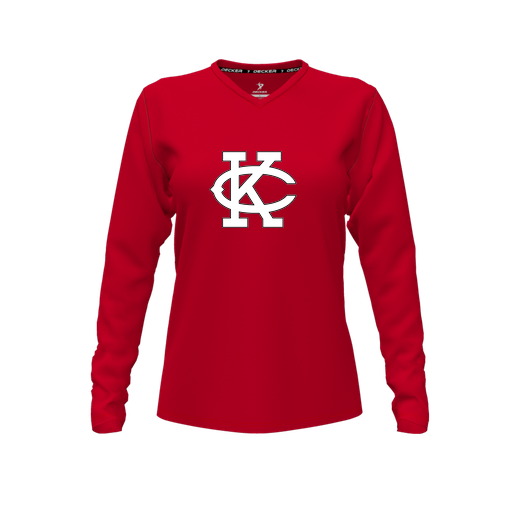 [CUS-DFW-TEES-CMF-VNK-LSL-RED-FYXS-LOGO1] Decker Comfort T-Shirt (Female Youth XS, Red, V Neck, Logo 1, Long Sleeve)