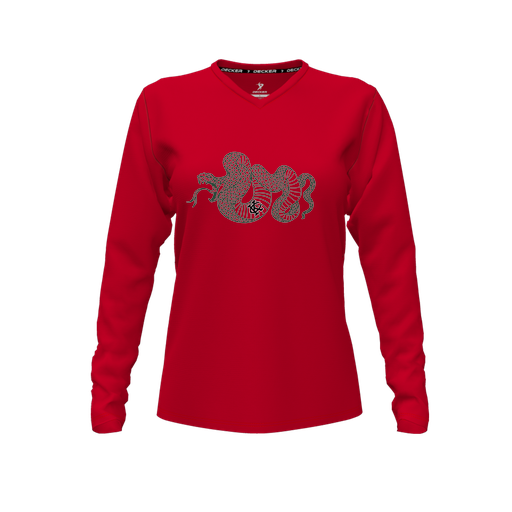 [CUS-DFW-TEES-CMF-VNK-LSL-RED-FYXS-LOGO2] Decker Comfort T-Shirt (Female Youth XS, Red, V Neck, Logo 2, Long Sleeve)